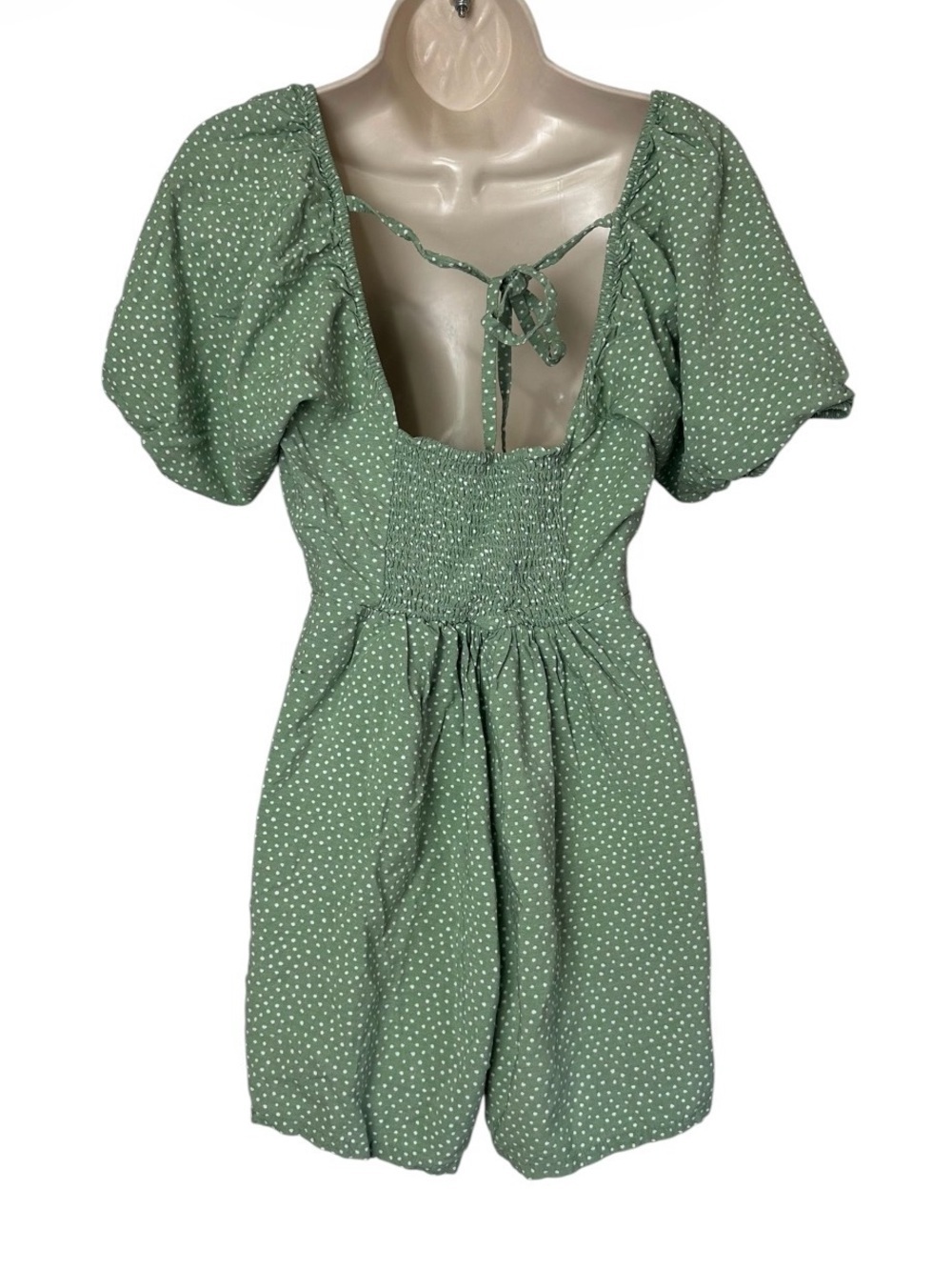 LOFT Green Polka Dot Puff Sleeve Romper - Picture 2 of 5